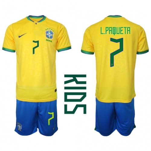 Fotballdrakt Barn Brasil Lucas Paqueta #7 Hjemmedraktsett VM 2022 Kortermet (+ Korte bukser)